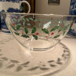 Lenox Green and Red Holly Holiday Decor Glass Bowl